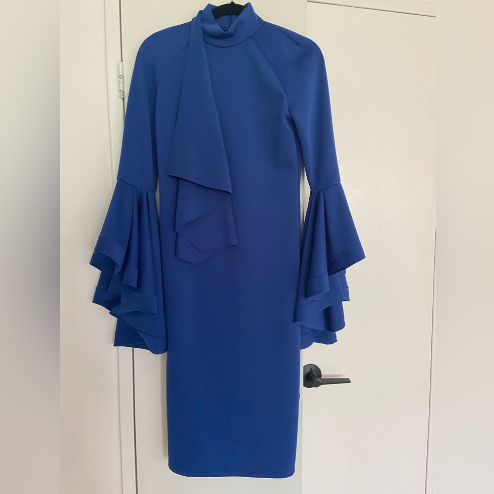 Elegant Royal Blue Ruffle Sleeve Women's Dress